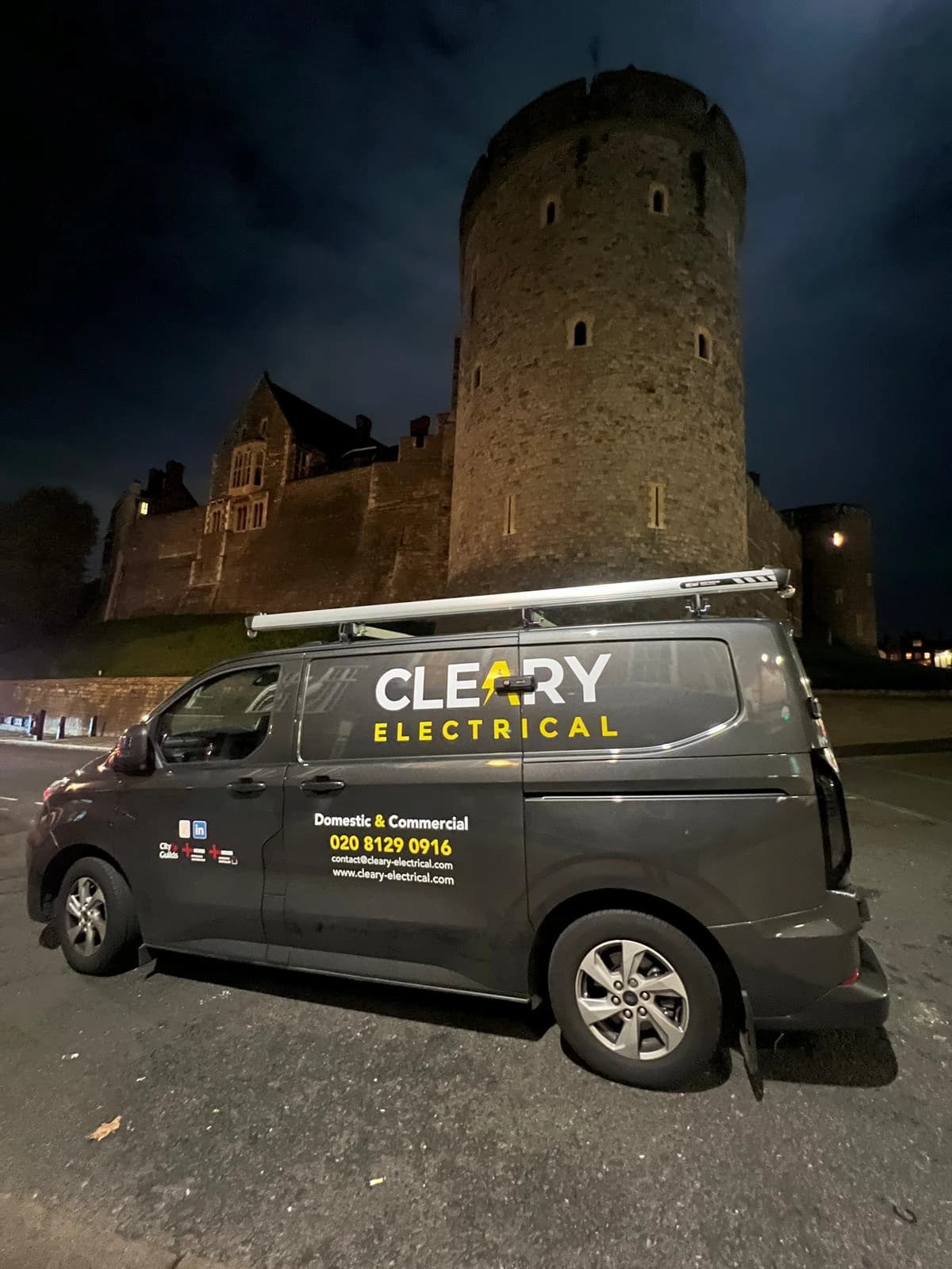 Cleary Electrical van at Rochester Castle at night
